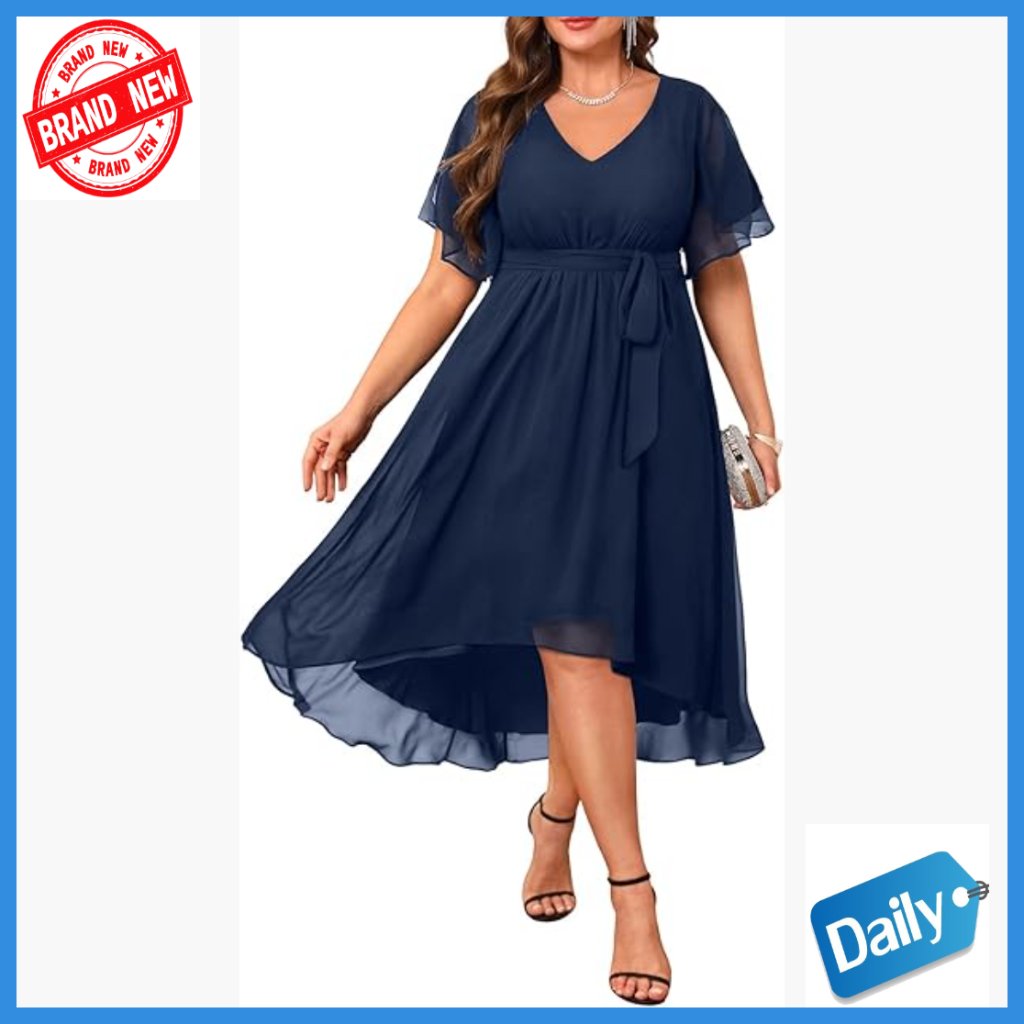 Plus Size Cocktail Dress Chiffon V Neck Short Sleeve High Low Formal
